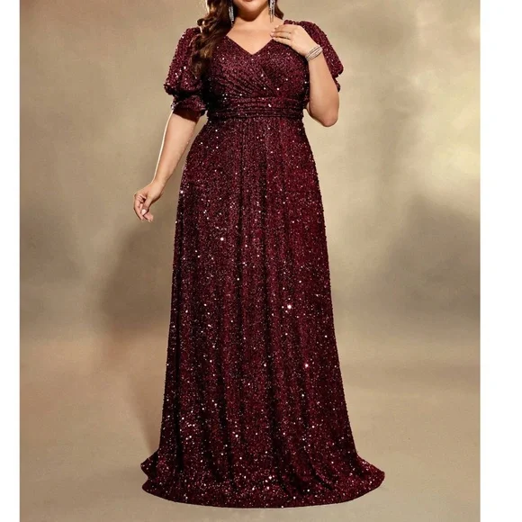 Plus Sequin Puff Sleeve High Waisted Party Formal Wedding Dress - Picture 2 of 9